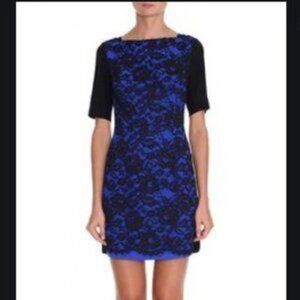 Tibi Royal Blue and Black Lace Short Sleeve Shift Dress 4